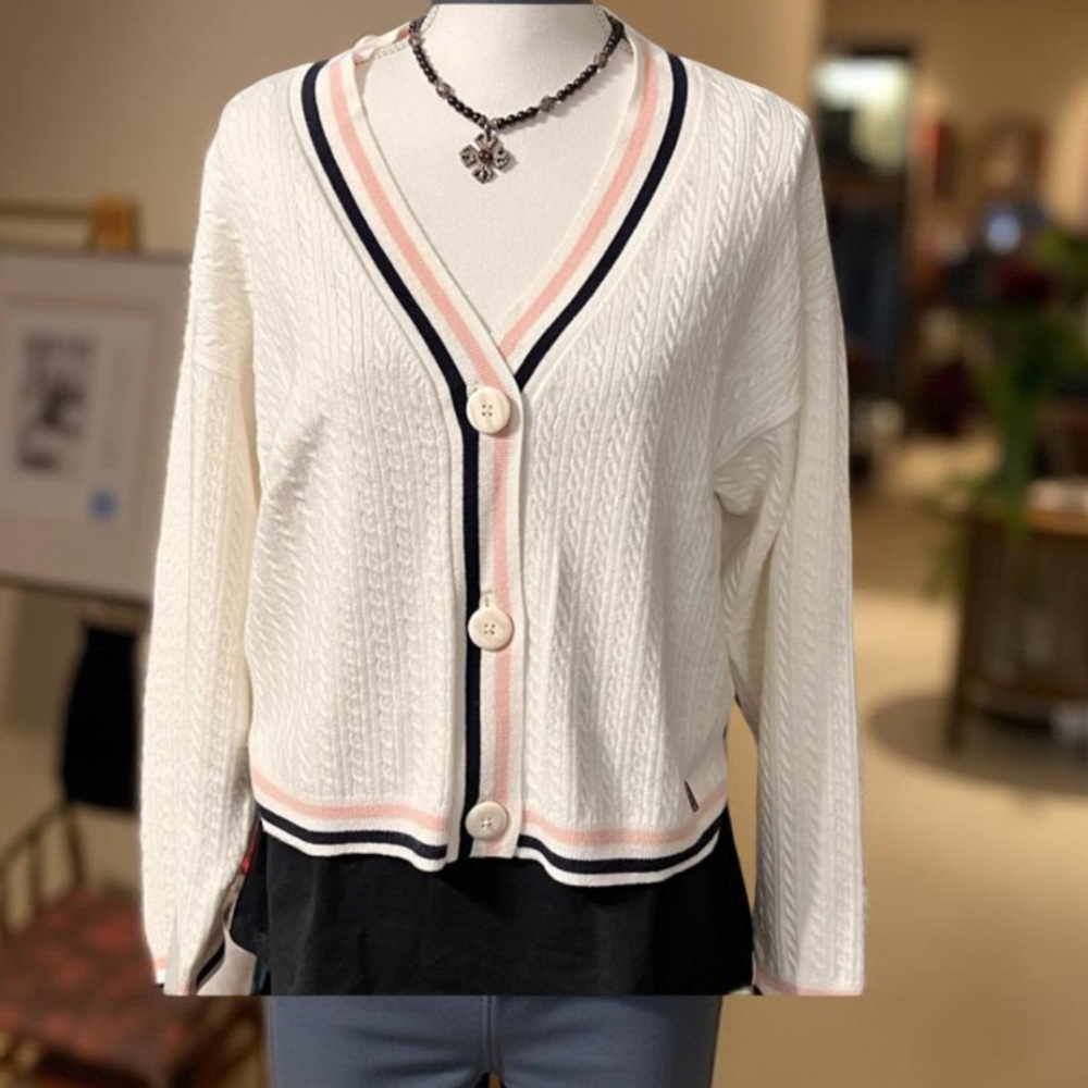 Nautica White Cardigan W Pink Blue Trim button down Nautica  Large EUC